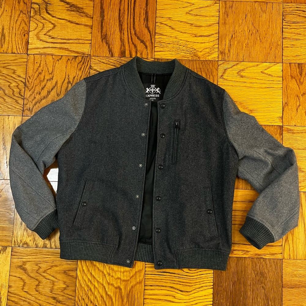 Express Charcoal and Heather Gray Varsity Jacket